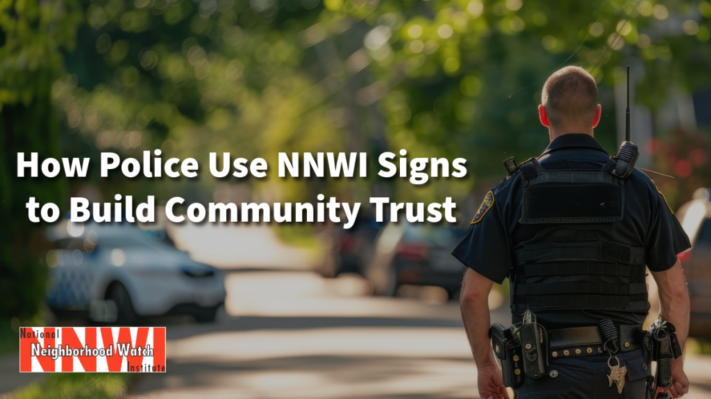 Police officer walking away in background white headline in foreground How Law Enforcement Uses Official NNWI Neighborhood Watch Signs to Build Trust