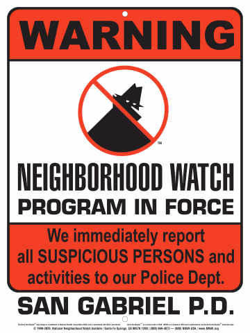 San Gabriel P.D. - Official Neighborhood Watch Sign (18" x 24" Reflective Aluminum) | NNWI San Gabriel P.D. - Official Neighborhood Watch Sign (18" x 24" Reflective Aluminum)