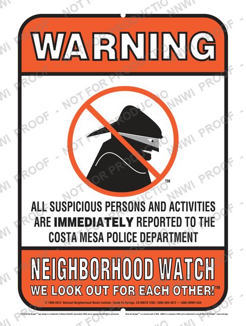 Costa Mesa Police Department Neighborhood Watch sign by NNWI
