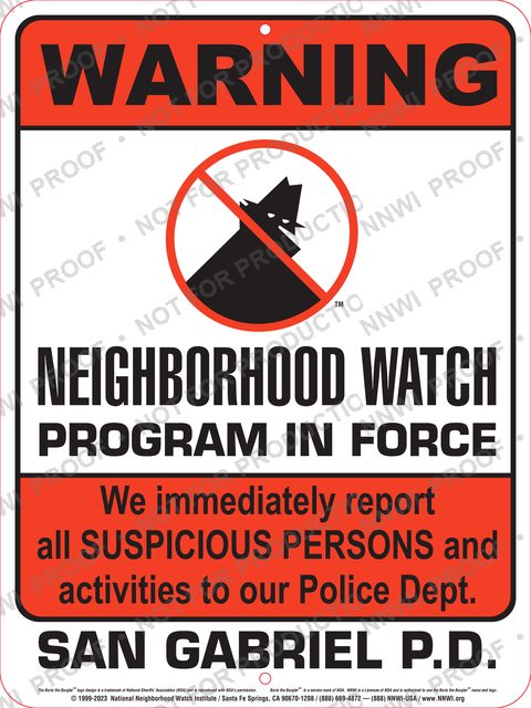 San Gabriel Police Department Neighborhood Watch sign by NNWI