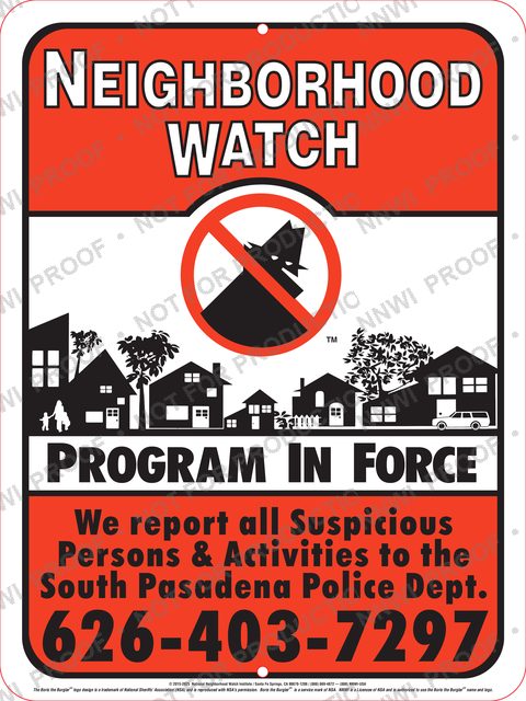 South Pasadena Police Department Neighborhood Watch sign by NNWI