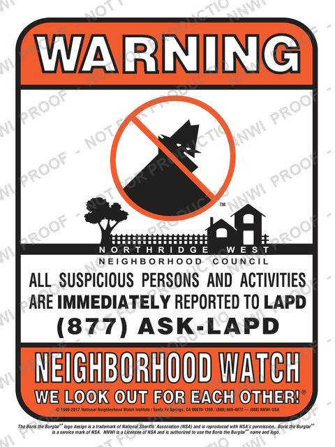 Northridge West Neighborhood Council (Municipality) Neighborhood Watch sign by NNWI