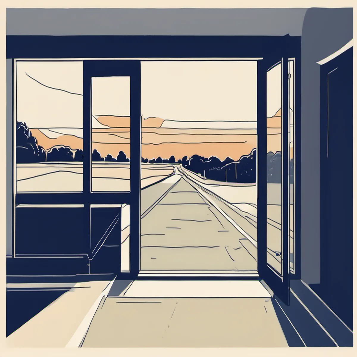 Line illustration of a street of terraced houses seen through a window