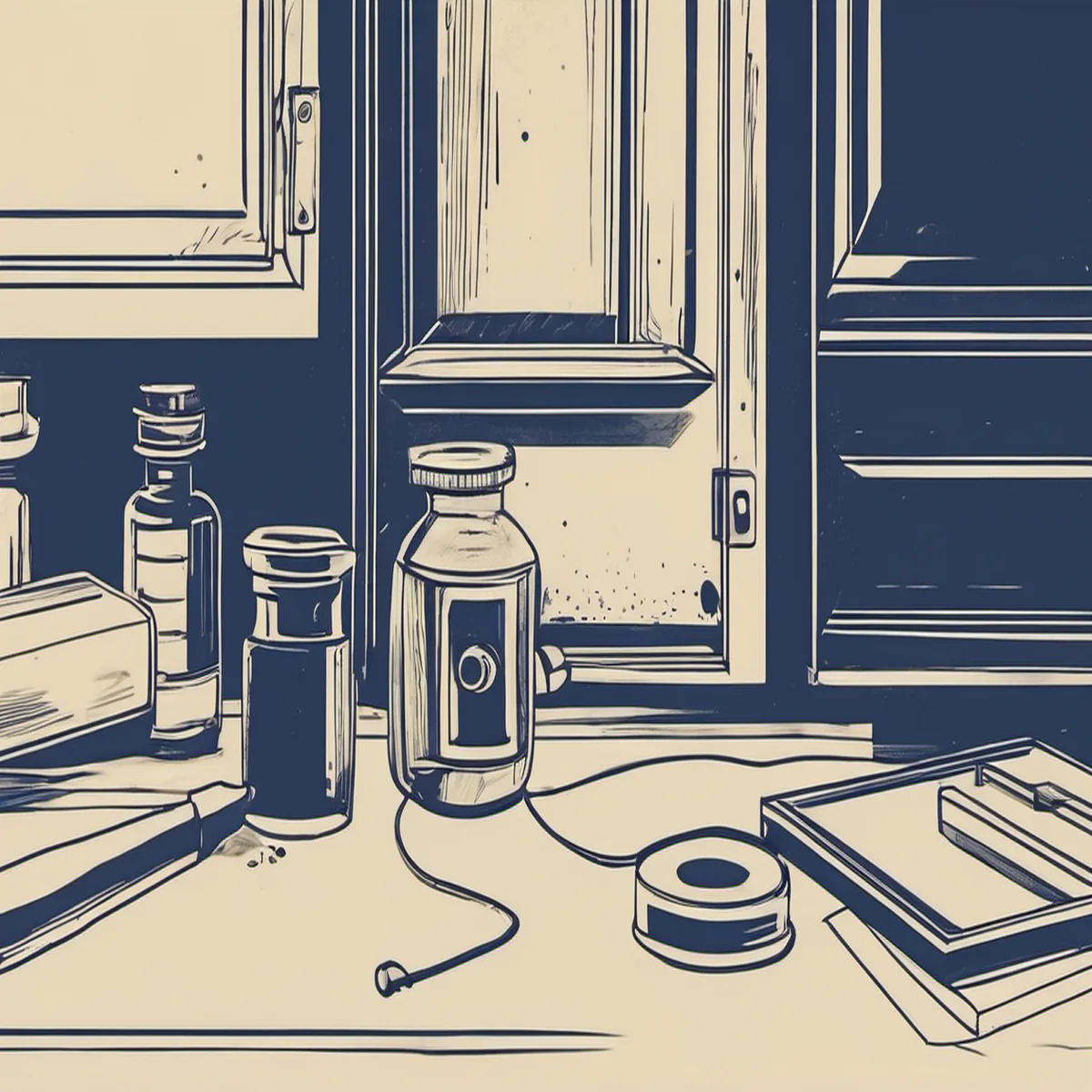 Line illustration of a window sill with household items
