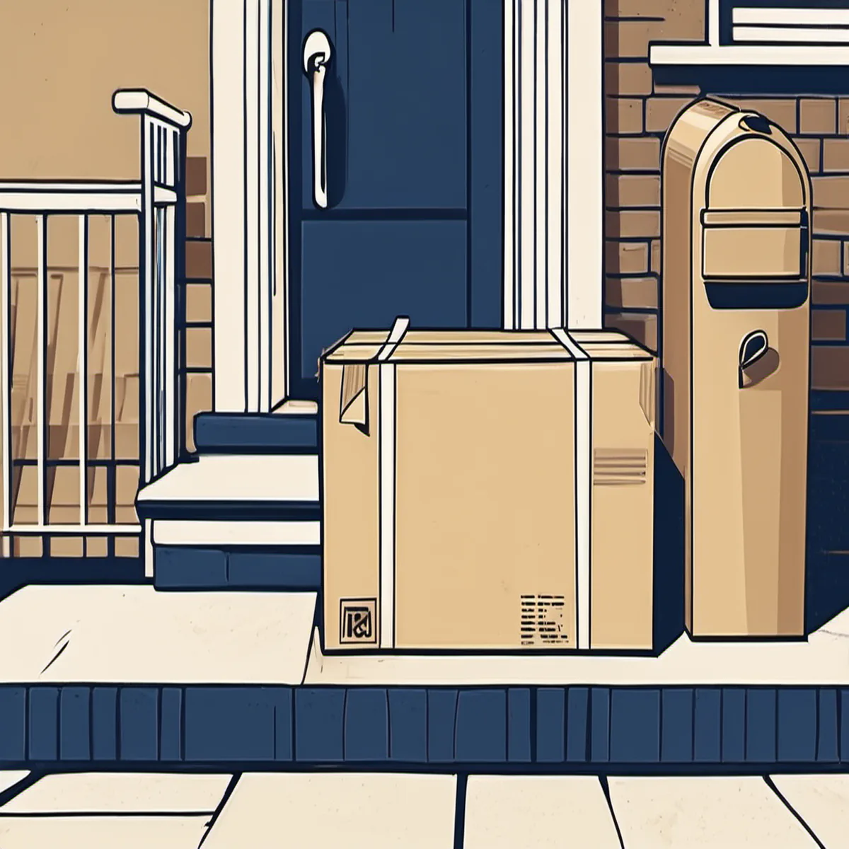 Line illustration of a front porch with steps, a delivery parcel and a mailbox