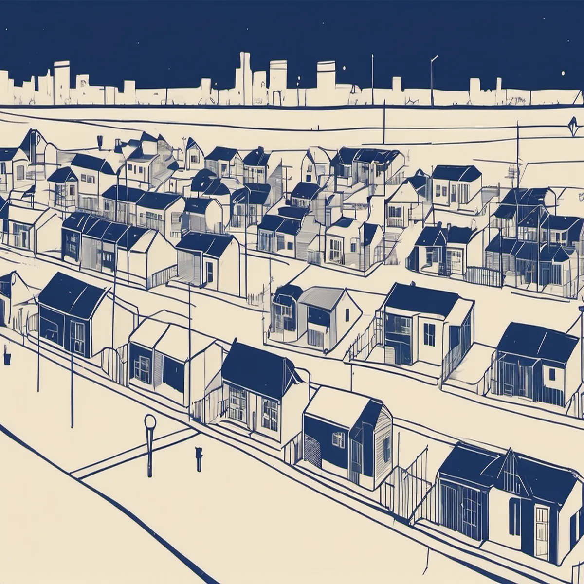 Line illustration of a neighborhood of houses seen from above