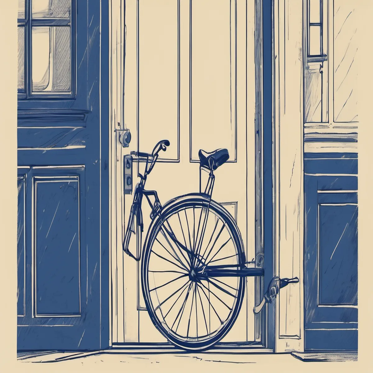 Line illustration of a paneled front door with a bicycle locked beside it