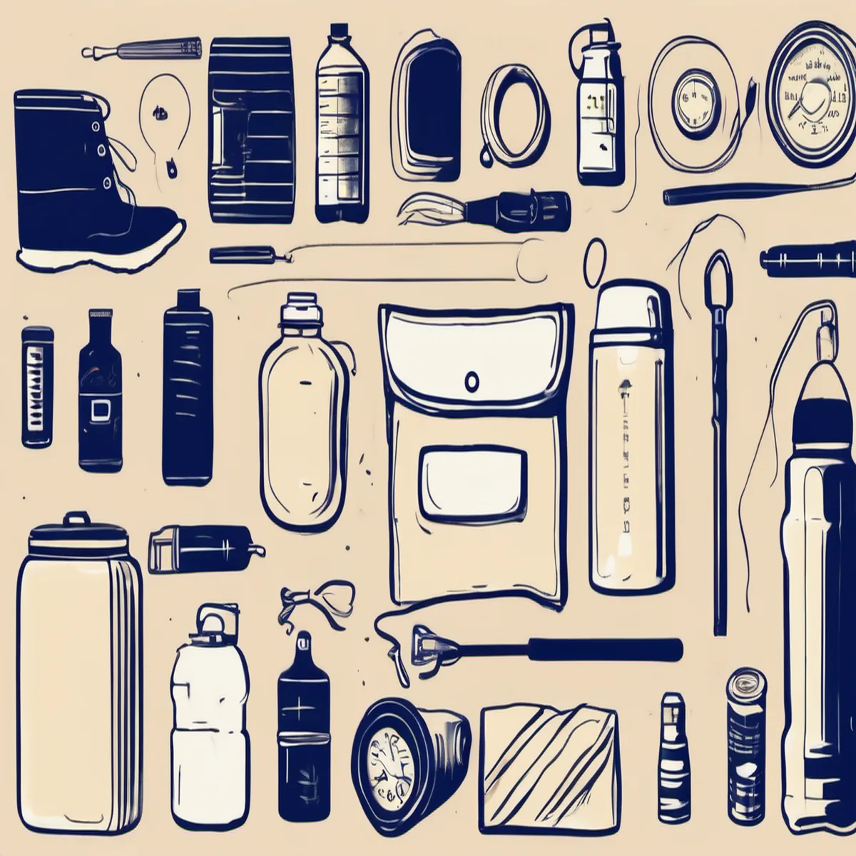 Line illustration of a flat-lay of preparedness items