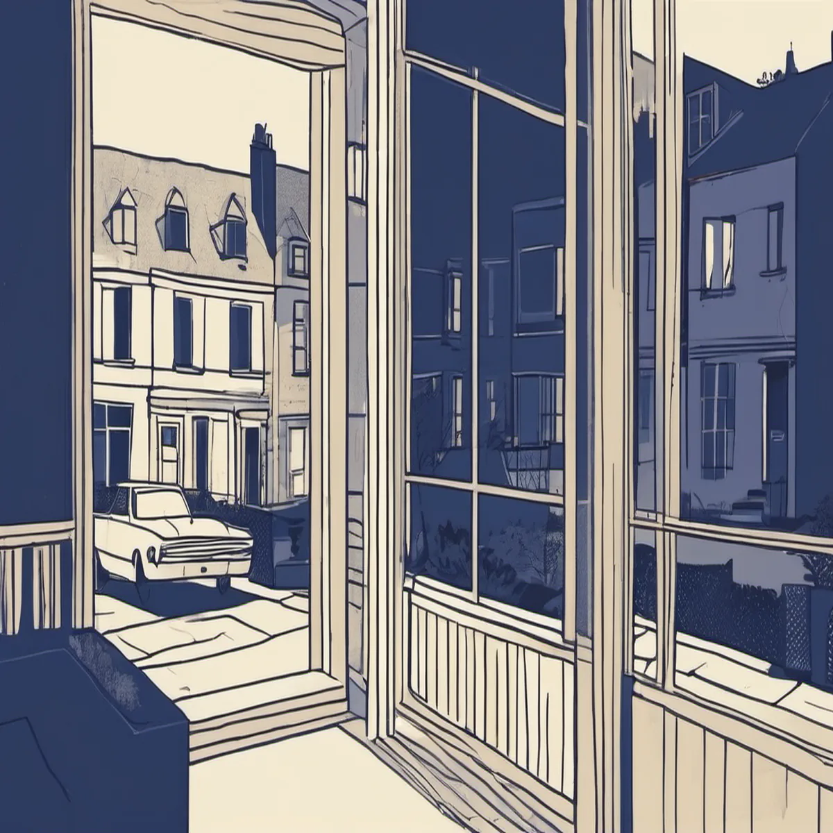 Line illustration of a residential street at dusk