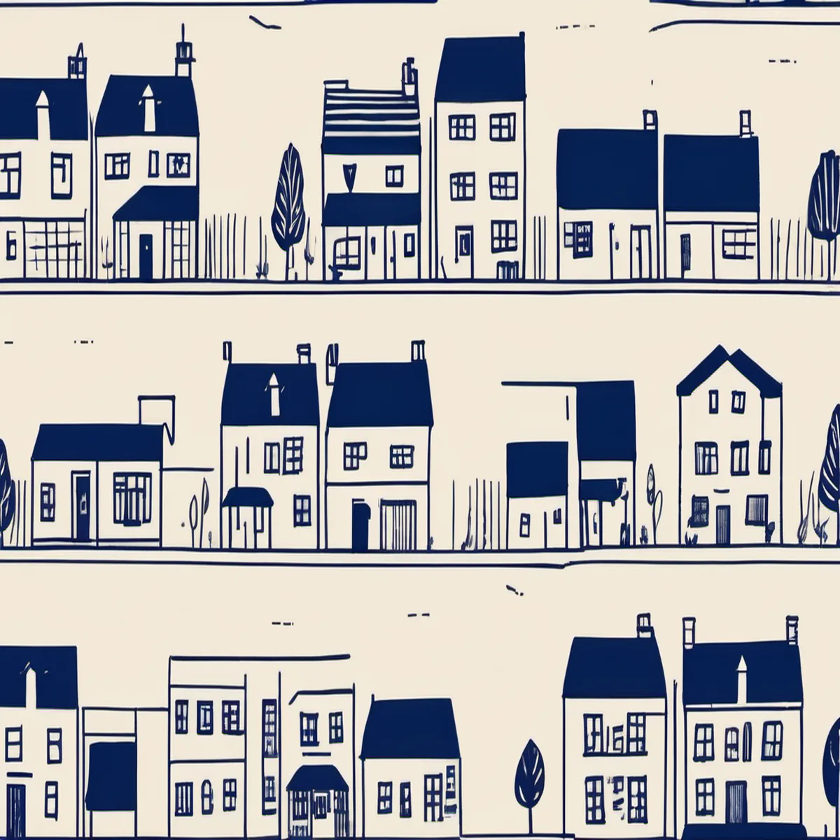 Line illustration of a neighborhood street of houses seen from above