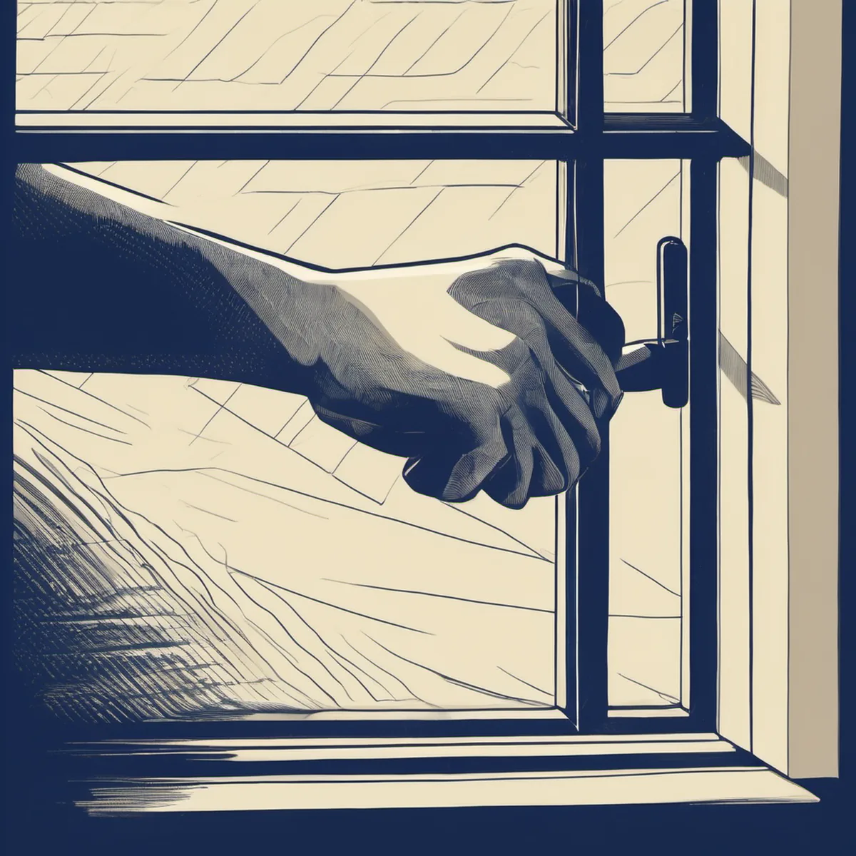 Line illustration of a hand at a window latch