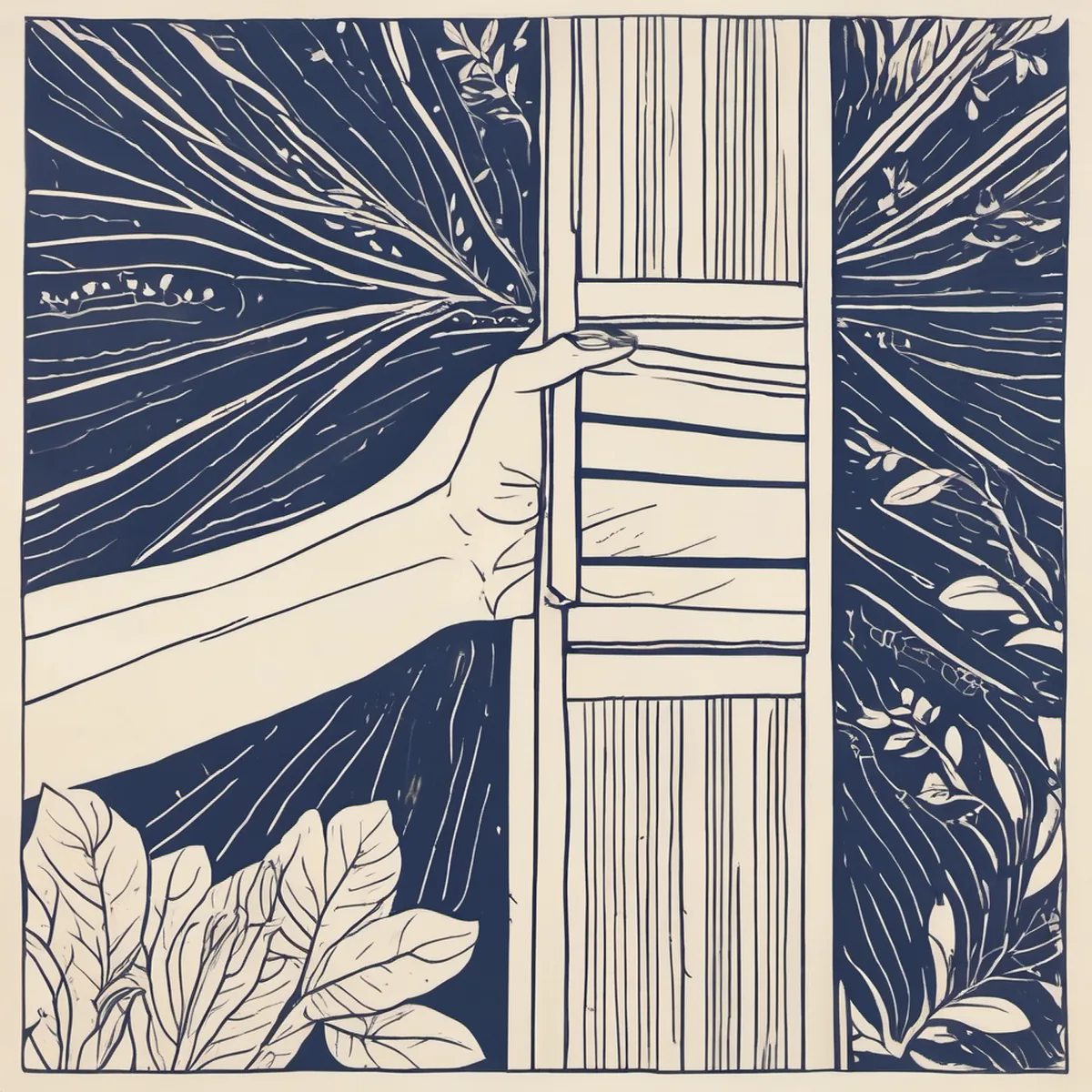 Line illustration of a hand opening a wooden farm gate