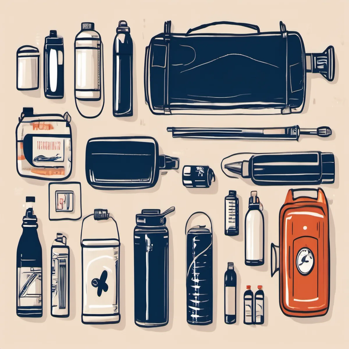 Line illustration of emergency preparedness supplies laid out