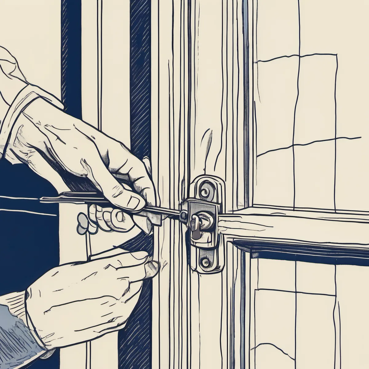 Line illustration of hands fitting a security lock to a window frame