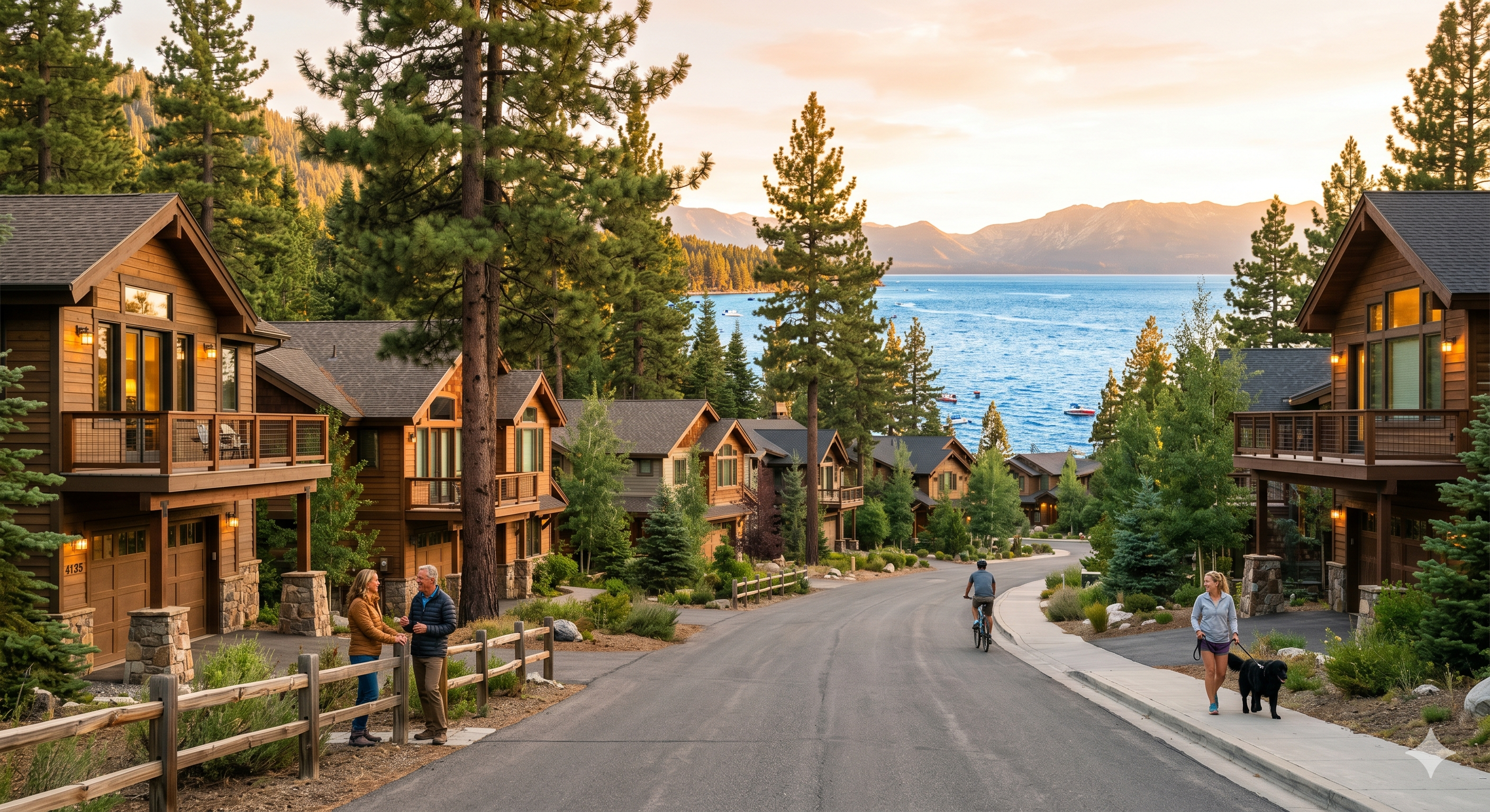 A lakeside neighborhood at sunset — wooden cabins, mountains, neighbors walking together. The American Dream realized.